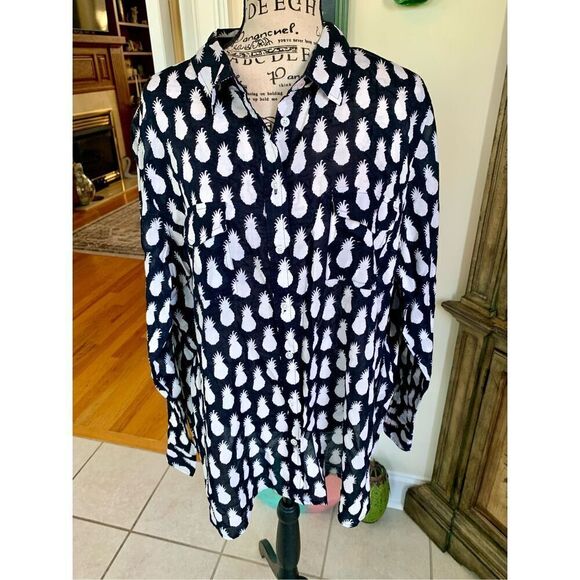 Talbots Navy Blue White Pineapple Print Lightweight Button Down Shirt - Picture 7 of 7